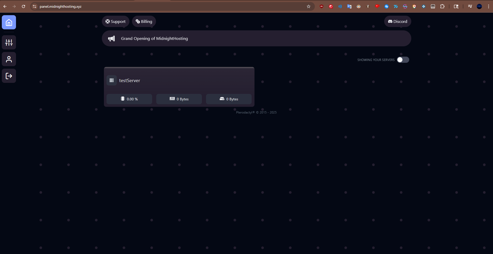 Example of Midnight Hosting's website interface showing server management dashboard